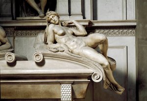 Allegorie van de Dageraad. Graf van Laurent II van Medicis. Marmeren sculptuur 1531 door Michelangelo Buonarroti