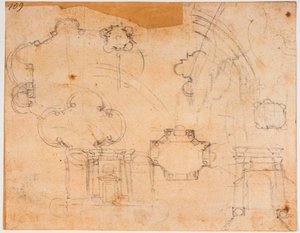 Bouwplannen, gevels en koepelschetsen voor de Sforza-kapel door Michelangelo Buonarroti