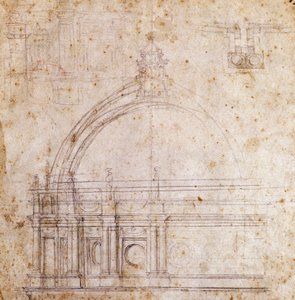 Ontwerptekeningen voor koepel van Sint-Pietersbasiliek in Vaticaan, ontwerp door Michelangelo, Italië door Michelangelo Buonarroti