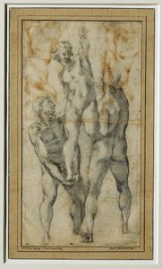 Twee naakte mannen tillen een derde op, ca. 1502-06 ... door Michelangelo Buonarroti