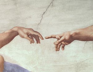 Handen van God en Adam, detail van De Schepping van Adam, van het Sixtijnse Plafond, 1511 (voor restauratie)