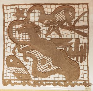 Monster van naaldkant en inzetstukken voor gordijnen, met patronen getekend door kunstenaar Giulio Rosso, Michelangelo Jesurum Manufacture door Michelangelo Buonarroti