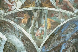 Sixtijnse Kapel Plafond: Haman (spandrel) (voor restauratie) door Michelangelo Buonarroti