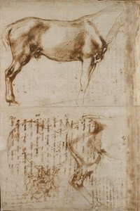 Studies van een paard en een ruiter die voetsoldaten aanvalt, begin 16e eeuw door Michelangelo Buonarroti