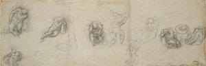 Studies van een slapende apostel en andere figuren door Michelangelo Buonarroti