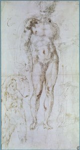 Studie voor Apollo staande naakt met een mantel over zijn schouders en de figuur van een man die een last draagt