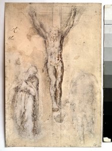 Studie voor een kruisiging. Voorstelling van Christus aan het kruis met de Maagd en Sint Jan. Tekening door Michelangelo Buonarroti, bekend als Michelangelo