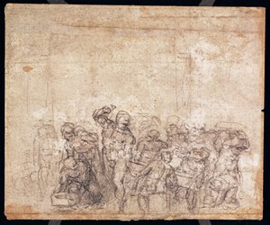 Studie van figuren voor een verhalende scène (zwarte krijt op papier) (verso) door Michelangelo Buonarroti