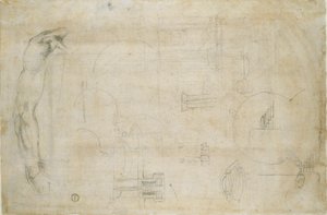 Studie van een mannenarm en enkele architecturale schetsen, ca. 1490-1560 door Michelangelo Buonarroti