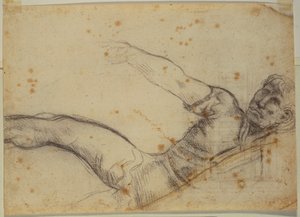 Studie van niet-authentieke figuur en inscriptie door Michelangelo Buonarroti