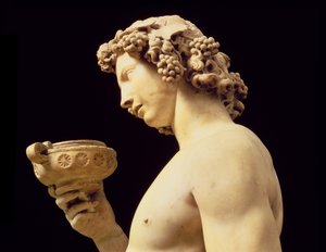 De dronkenschap van Bacchus, detail van zijn hoofd, beeldhouwwerk door Michelangelo Buonarroti (detail)