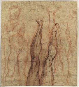 De verrezen Christus, driekwart lengte naakt getekend over studies van een been en een voet door Michelangelo Buonarroti