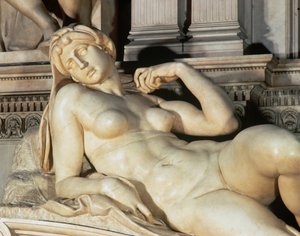 Graf van Lorenzo de Medici, detail van Dageraad (marmer) door Michelangelo Buonarroti