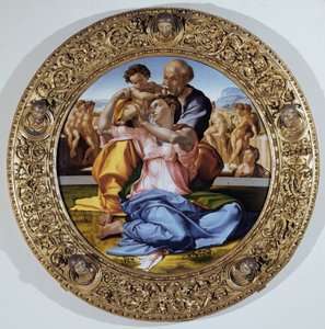 Tondo Doni: De Heilige Familie met Sint Jan de Doper als kind door Michelangelo Buonarroti