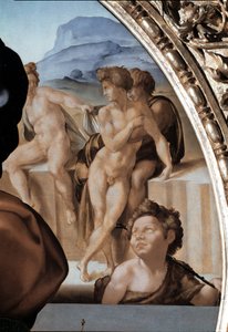 Tondo Doni: De Heilige Familie met de jonge Johannes de Doper (detail) door Michelangelo Buonarroti