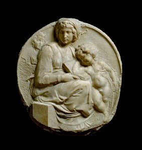 Maagd en Kind met de jonge Johannes de Doper Madonna Pitti of Tondo Pitti. Laag reliëf in marmer door Michelangelo Buonarroti