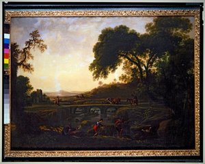 Landschap met een Brug en Boeren en Koeien en Geiten door Michelangelo Cerquozzi