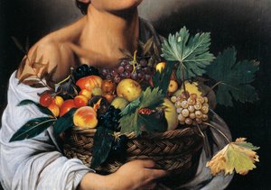 Jongen met een mand fruit (detail) door Michelangelo Merisi da Caravaggio