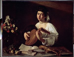 "De luitspeler" Schilderij van Michelangelo Merisi genaamd Caravaggio (1571-1610) circa 1595 Dim. 94x119 cm Hermitage Museum, Sint-Petersburg