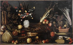 Stilleven met bloemen en fruit door Michelangelo Merisi da Caravaggio
