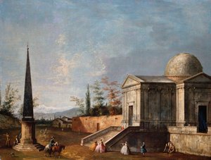 Elegante figuren voor een klassieke kerk met koepel, een obelisk links door Michele Marieschi