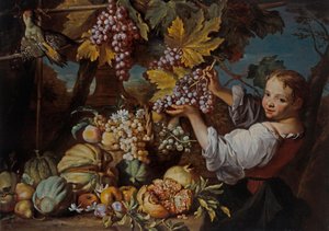 Een jong meisje dat een tros druiven aanbiedt met een stilleven van fruit