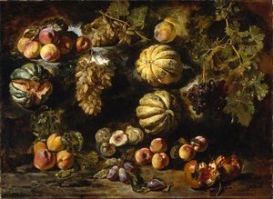 Stilleven met meloenen, perziken, vijgen en druiven