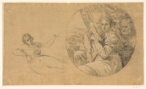 Tondo met Heilige Familie; daarnaast een studie van een liggende vrouw door Michele Sangiorgi (possibly)