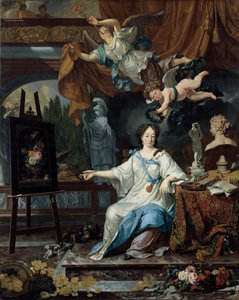 Allegorisch portret van een vrouw, waarschijnlijk Rachel Ruysch (1664-1750) door Michiel van Musscher
