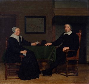 Portret van Adriaen Corver en zijn vrouw Rijckje Theulingh. door Michiel van Musscher