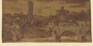 Gezicht op de S. Maria in Cosmedin, de Vesta tempel en de Ponte S. Maria te Rome door Michiel van Overbeek