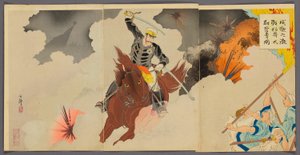 Kapitein Matsuzaki vecht dapper in de grote slag bij Songhwan (Seikan no Gekissen, Matsuzaki Taii funyu no zu) door Migita Toshihide