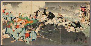 Grote Overwinning van Onze Troepen bij de Hevige Slag van de Ansong Ford (Anjo no watashi waga gun taisho no zu) door Migita Toshihide