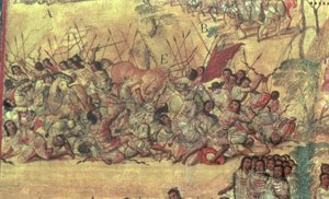 Slag in de stad Cholula tussen de Spanjaarden en de Indianen in oktober 1519