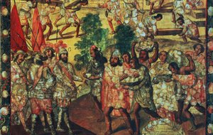 Detail van Hernan Cortes (1485-1547) die Cempoal binnentreedt en hoofd Gordo (Quauhtlaebana) ontvangt die vlees en geschenken aan alle Spanjaarden geeft