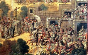 (detail) Poging om het Kruis neer te halen tegenover de afgoden en het gooien van stenen en pijlen tegen Montezuma (1466-1520) 1698