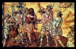 Detail van de Conquistadores die de handen van twee spionnen van Xicotencatl afhakken door Miguel Gonzalez