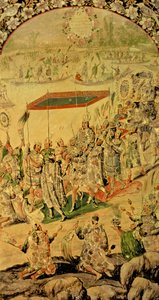 Een van een paar panelen die de ontmoeting tussen Hernando Cortes en Montezuma uitbeelden: Montezuma en zijn volgelingen, 1698
