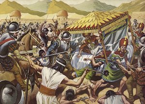 Spanjaarden werpen het Incarijk van Peru omver. (kleurenlitho)