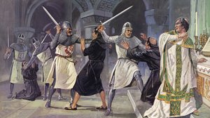 De moord op Thomas Becket (kleurenlitho)