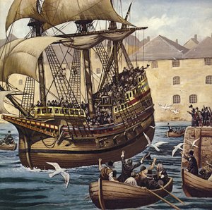 Westwaarts Ho! De Mayflower verlaat Plymouth Ho op 16 september 1620 (kleurenlitho)