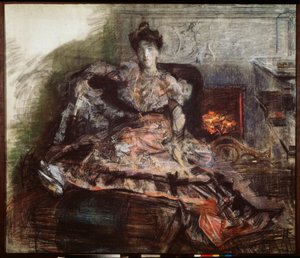 Na het concert - Portret van de zangeres Nadezhda Zabela Vrubel (voor de open haard in een jurk ontworpen door Vrubel) door Mikhail Aleksandrovich Vrubel