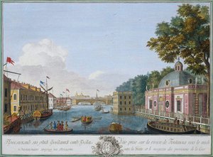Uitzicht op de Fontanka-rivier vanaf de grot, Sint-Petersburg, Rusland, 1753 door Mikhail Makhayev