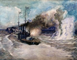 De zeeslag tussen de Zwarte Zeevloot en de Duitse gepantserde kruiser Goeben, 5 november 1914 - Werk van Mikhail Mikhailovich Semyonov door Mikhail Mikhailovich Semyonov