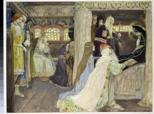 De dood van grootvorst Alexander Nevski (1220-1263). Werk van Mikhail Vasilyevich Nesterov (1862-1942), aquarel en gouache op papier