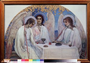 De gastvrijheid van Abraham. De Drie-eenheid van het Oude Testament. Voorstelling van de drie engelen die aan Abraham verschenen bij de eik van Mamre.
