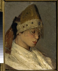 Een meisje met een Kokochnik. Traditionele hoge hoofdtooi van Russische vrouwen, verbonden aan de achterkant met linten, de voorkant is versierd met parels en borduurwerk