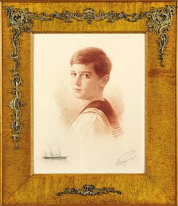 Portret van de troonopvolger Tsarevitsj Alexei Nikolaevich van Rusland met een remarque afbeelding van het keizerlijke jacht, 1913