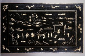 Kang tafelblad (gelakt hout ingelegd met bot) door Ming Dynasty Chinese School