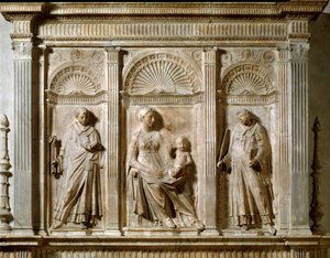 Maagd en Kind tussen St. Laurentius en St. Leonardus. Hoog marmerreliëf door Mino da Fiesole
